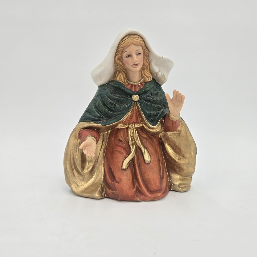 Kneeling Virgin Mary Nativity Figurine Green Rust Gold Tone Trim Statue